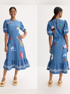 Stella Nova Out of Office Blue Cotton Embroidered Dress Medium/38